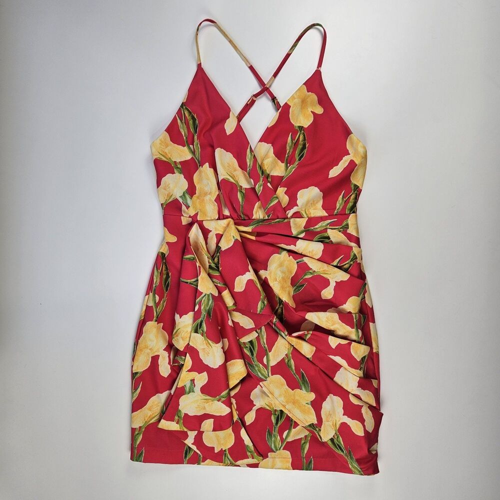 Luxxel Pink Yellow Floral Bodycon Mini Dress Small Ruched Criss Cross Back Lined